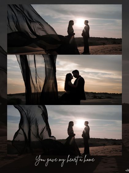 A triptych of silhouette shots against the setting sun in the Jaisalmer desert, telling a story of romance and connection in three beautiful frames.