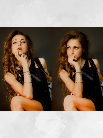 A diptych showing two similar yet distinct poses. This side-by-side comparison is effective for showing subtle shifts in expression and mood.