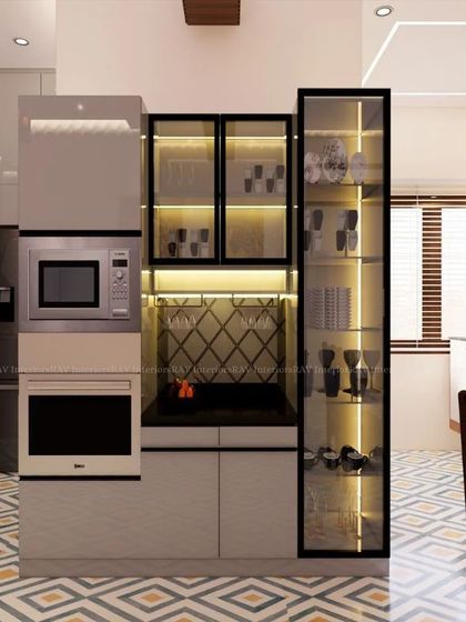 This render showcases a beautiful bar and crockery unit with glass shelves and internal lighting, perfect for entertaining.