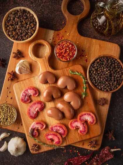 Another angle of the rustic meat flat lay, this top-down shot provides a clear and comprehensive view of the ingredients. The warm, dark tones create a rich and appetizing mood.