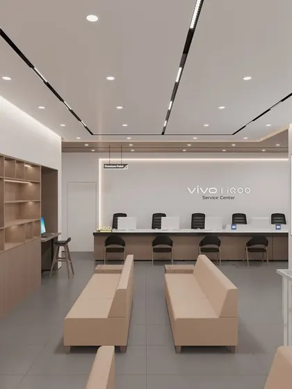 A render of the service center for the Hyderabad project. We ensure that even the functional areas of a retail space are designed with the same attention to detail and brand identity.