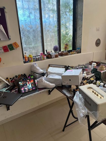 A wider shot of my studio setup. It's small but it's all mine.