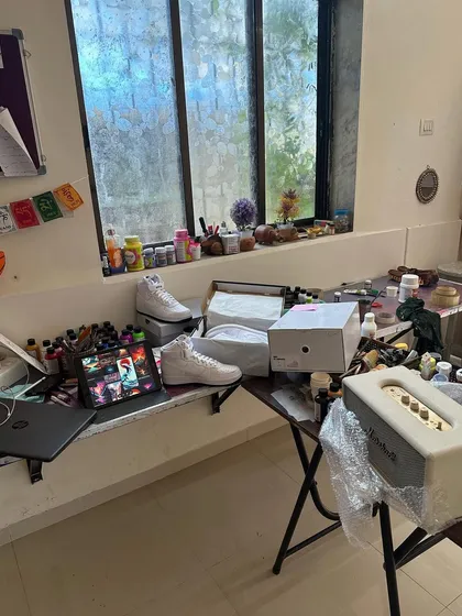 A wider shot of my studio setup. It's small but it's all mine.