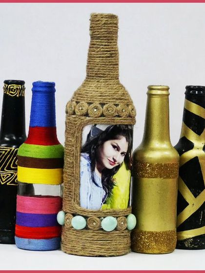 More examples of bottle art, including a personalized photo frame bottle wrapped in jute. A perfect handmade gift idea.