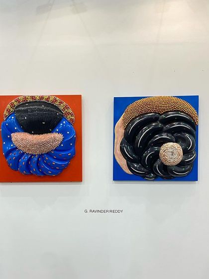 The 'Juda' series by G. Ravinder Reddy, featuring his signature painted polyester resin fiberglass heads. These works are a modern take on classical forms.