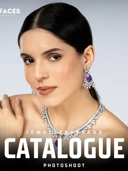 This image highlights a diamond necklace with a striking amethyst pendant. The model's pose draws attention to the piece, making it an excellent choice for a hero product shot.