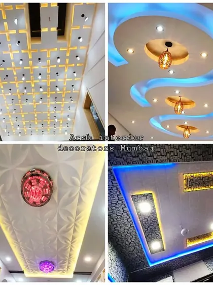 A collection of gypsum false ceiling designs, from 3D textured panels to creative uses of recessed and colored lighting.
