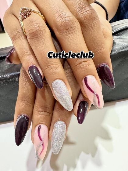 A stylish and modern design using a deep plum, shimmery silver, and soft pink base with delicate swirl line art.