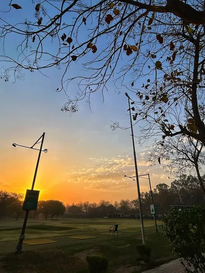 A beautiful sunrise over the range, with the trees and lampposts silhouetted against the blue and orange sky.