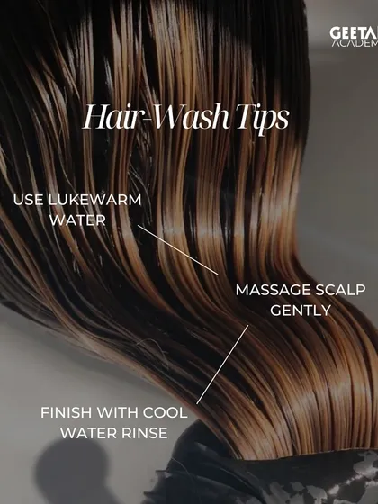 Three simple hair wash tips we teach every student: use lukewarm water, massage the scalp gently, and finish with a cool water rinse to seal the cuticle for shine.