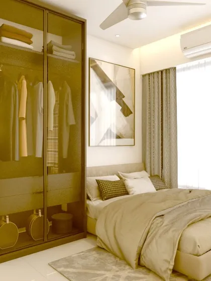 This 3D render shows a bedroom with a glass-door wardrobe, which adds depth to the room. The neutral tones and clean lines are part of my signature modern minimalist style.
