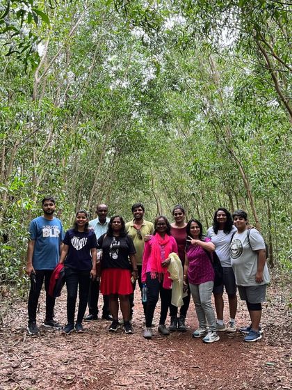 A group of our travelers exploring a lush forest path on our Gokarna trip. The coastal region offers a unique blend of beach and forest landscapes.