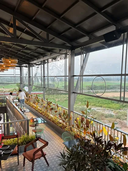 Another perspective of the plant-lined walkway at The Soda Factory. The colorful foliage of the croton plants adds visual interest and complements the industrial design of the building.