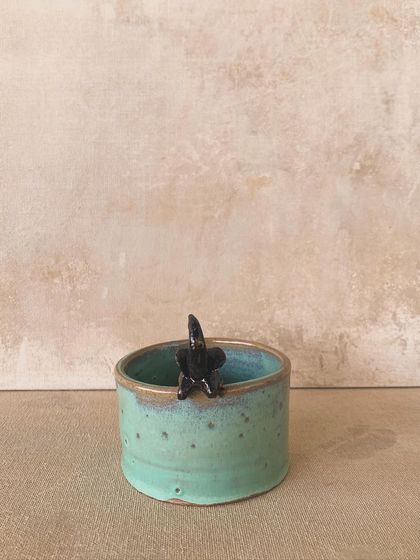 A small, speckled mint-green pot with a tiny black star perched on the rim. It's a whimsical piece perfect for holding a small succulent or your favorite rings.