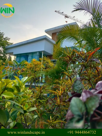 A view of the lush, layered planting we designed for the church grounds. The mix of colorful crotons and other foliage plants creates a dense, natural look that provides a sense of peace.