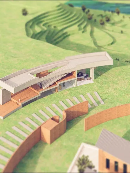 An axonometric view of a stepped building for a retreat in Almora. The design uses an overhang roof to create usable, level space for activities while the main structure, including an office and reception, is tucked into the slope beneath.