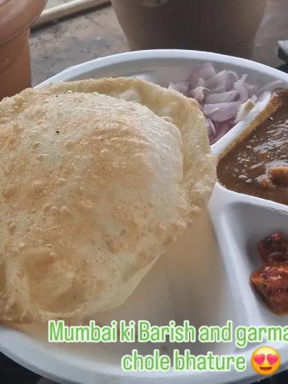 The perfect plate of chole bhature, served with onions and pickle. It's a crowd favorite, especially during the Mumbai rains, and a highlight of my live counter service for company events.