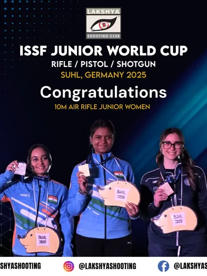 The podium for the 10m Air Rifle Junior Women event at the ISSF Junior World Cup, with our athlete Ojasvi Thakur securing the silver medal.