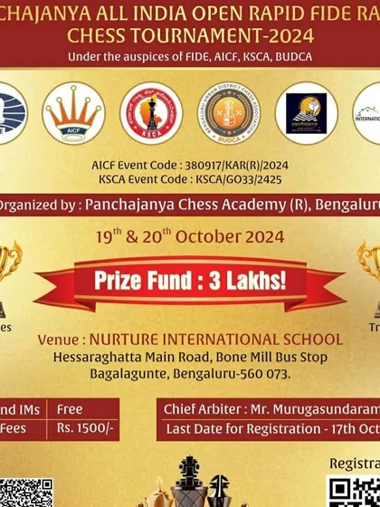 Details of the Panchajanya All India Open Rapid FIDE Rating Chess Tournament 2024. With a prize fund of Rs. 3 Lakhs, this event attracted top talent for a competitive rapid chess challenge.