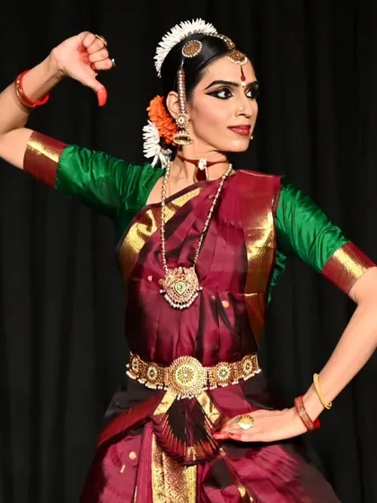 Madhura Bhrushundi's powerful stance and clear hand gesture showcase the confidence and clarity she has developed as a dancer.