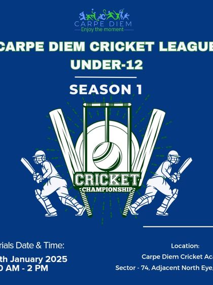 All the essential information for our first trial. This graphic shows the date, time, and location of our academy in Sector 74, Noida. We make it easy for you to find us and join the action.