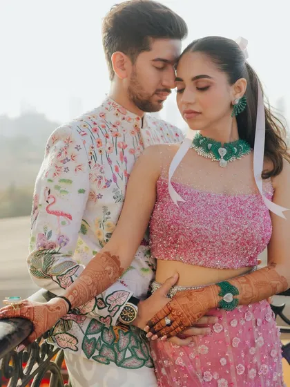 A soft and romantic portrait. The couple holds each other close, their expressions serene, perfectly capturing a moment of quiet love and contentment.
