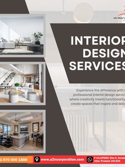 A graphic showcasing our professional interior design services with examples of a minimalist living room, a multi-level open space with a modern staircase, and a kitchen-dining area.