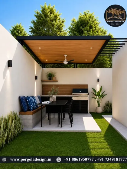 This compact backyard has been transformed into a functional outdoor dining and grilling area. The pergola with a solid wood-finish roof provides complete shade, making it a perfect spot for an outdoor kitchen.