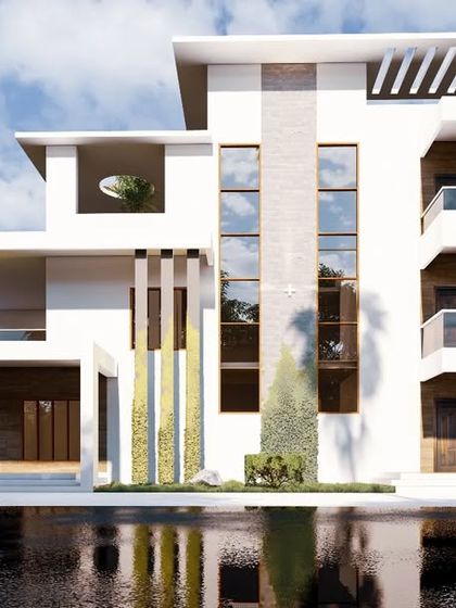 A proposed design for a large, multi-level building in North Karnataka. The architecture is defined by clean white lines, expansive glass windows, and multiple balconies, creating a light and airy structure.