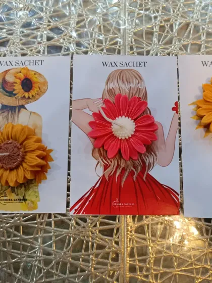 Here are three of my popular wax sachet designs side-by-side. Each one combines a unique wax shape with a complementary illustrated backing card.