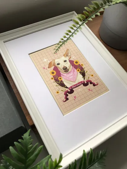 Here is another example of a finished piece, a digital portrait of Hershey. This one is set in a clean white frame, showing a different presentation option that gives the artwork a bright and contemporary look.