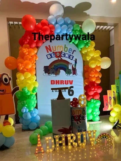 Learning is fun with a Numberblocks theme! This colorful setup uses a rainbow balloon arch and cutouts of the characters to create an educational and playful party environment.