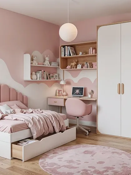 "Bubblegum Bliss" for the child with a big personality. Soft pink, warm wood accents, and playful details like a hanging chair make this room charming and fun.