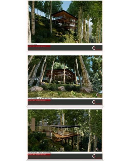 Different perspectives of a sustainable residence designed to blend into a sloped, wooded site. The project revolves around creating a purposeful environment that enhances human health and well being.