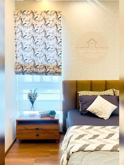 This bedroom features a custom bed with a mustard-colored headboard and patterned blinds. The design is simple yet elegant, creating a comfortable and stylish space for rest.