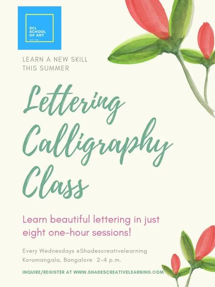 Learn the art of beautiful handwriting in our lettering and calligraphy classes. This poster details our eight-session course designed to teach you foundational calligraphy skills.