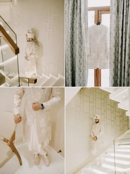 A collage of the groom getting ready, showing his sherwani on a mannequin and his portraits on a modern staircase.