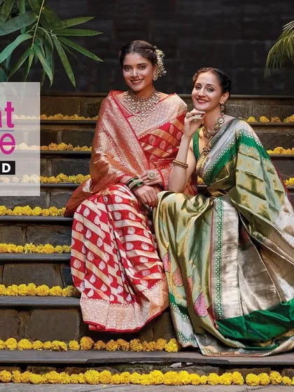 Another image from the Kasat Exclusive campaign, showcasing their rich, traditional sarees. The warm lighting and natural setting create an atmosphere of timeless elegance.