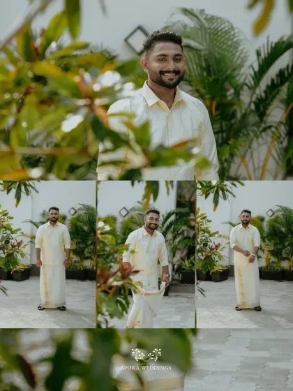 A collage of the groom in his traditional Kerala attire, looking happy and ready for the wedding festivities.