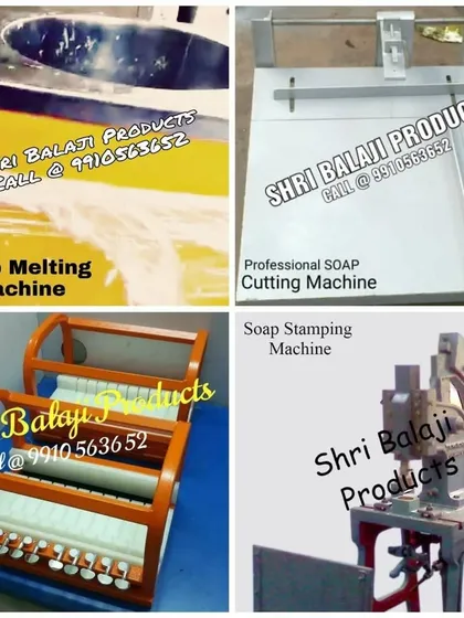 As your business grows, I am here to support you. This collage shows some of the professional equipment I offer, including soap melting, cutting, and stamping machines to help you scale up production.