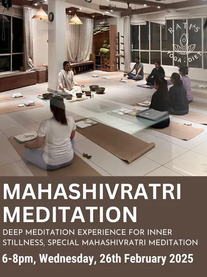 An invitation to our special Mahashivratri Meditation. This poster highlights the event as a deep meditation experience for inner stillness, held in honor of the great night of Shiva.