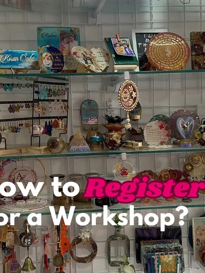 Wondering how to register for a workshop? This graphic, set against a backdrop of my studio's creations, points you in the right direction. My one-session workshops are perfect for a quick dose of creativity.