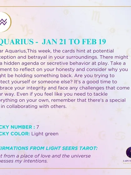 A weekly tarot forecast for Aquarius. This week, the cards hint at potential deception and betrayal in your surroundings. Take a moment to reflect on your honesty and consider why you might be holding something back.
