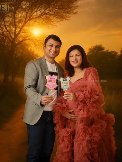 The couple holds up "I vote GIRL" and "I vote BOY" signs, adding a fun, interactive element to their sunset-themed shoot.