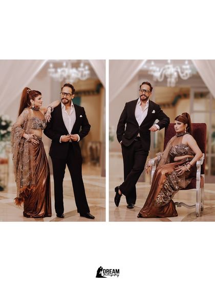 A diptych showing two stylish poses from a couple's shoot, one interactive and one formal, showcasing their versatility and chemistry.