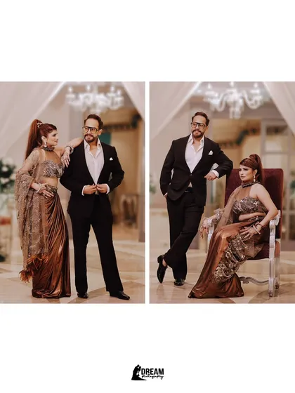 A stylish diptych of Ajay and Kirti, showcasing their modern and chic outfits for a party.