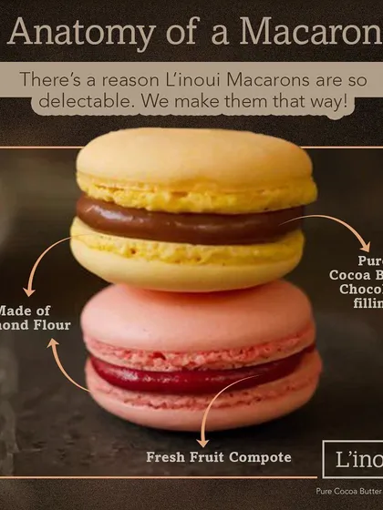 An inside look at what makes our macarons so special. We use only real almond flour for the shells and fill them with either pure cocoa butter chocolate or fresh fruit compote. There are no premixes or fillers, just authentic ingredients for a delectable taste.