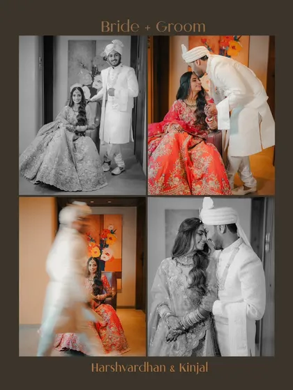 A beautiful four-panel collage showing a variety of moments from a couple's shoot, including black and white, color, and creative motion blur shots.