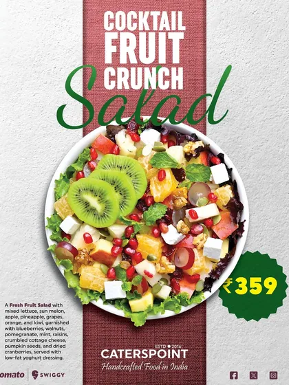 Our Cocktail Fruit Crunch Salad is a bowl of pure energy. It's loaded with fresh fruits like kiwi and pomegranate, crunchy nuts, and cottage cheese, all brought together with a light, low-fat yogurt dressing. Healthy eating that tastes amazing.
