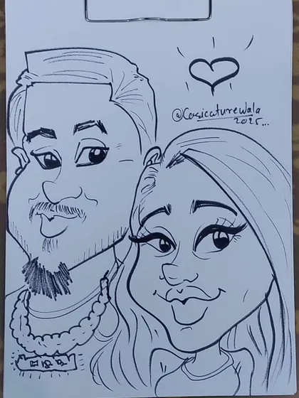 A cool and stylish couple caricature. I focus on details like accessories and hairstyles to make each drawing unique.